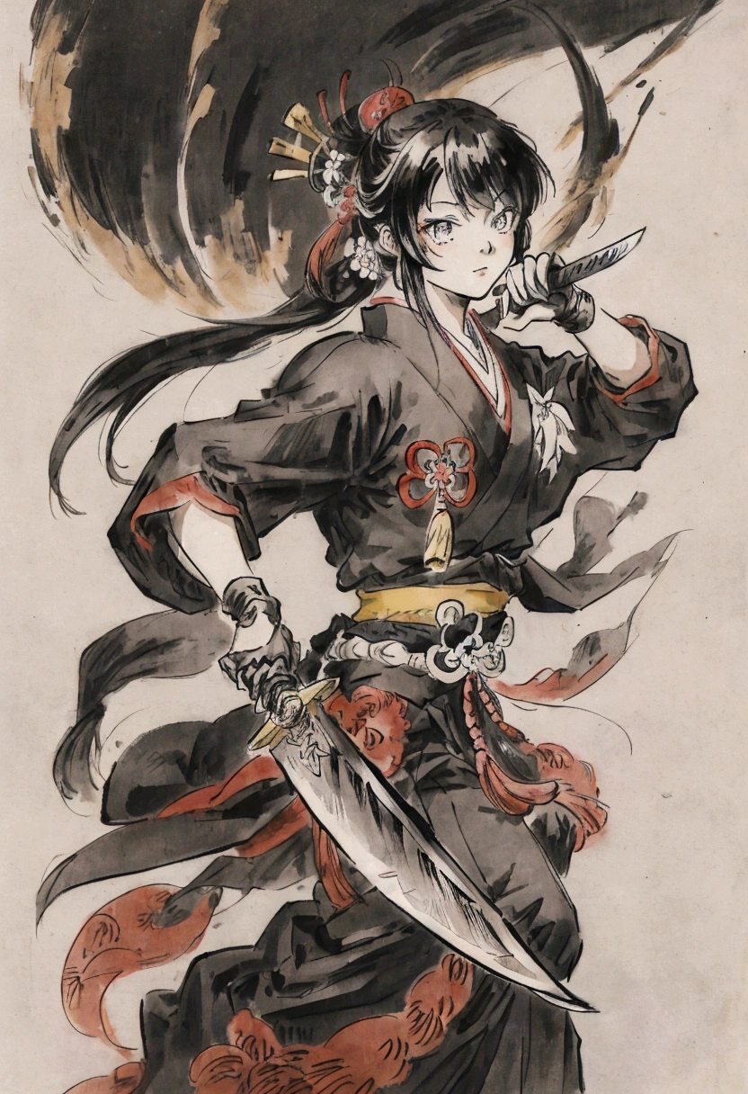 Anime Character Design　Japanese style　Anime Character Reference Sheet　Concept Character　black and white manga style　Taisho Romance　action　knife