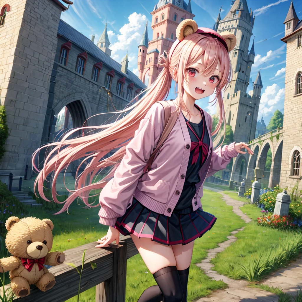 Pink Blonde、Red eyes、Hair tied up、Two cute、Checked mini skirt、black t-shirts、cardigan、Knee-high socks、bear ears baseball cap、Teeth are visible、Monster Castle、Tilting face、crossing the bridge、hazakura、windmill、grass、Stones are growing out of the ground.、A teddy bear is walking、Morning glory is blooming.、In front of the city gates、clock、Underground tunnels