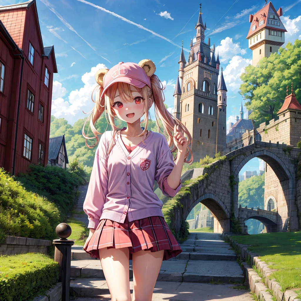 Pink Blonde、Red eyes、Hair tied up、Two cute、Checked mini skirt、black t-shirts、cardigan、Knee-high socks、bear ears baseball cap、Teeth are visible、Monster Castle、Tilting face、crossing the bridge、hazakura、windmill、grass、Stones are growing out of the ground.、A teddy bear is walking、Morning glory is blooming.、In front of the city gates、clock、Underground tunnels