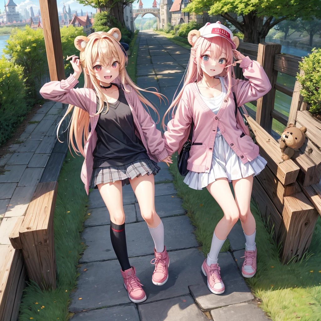 Pink Blonde、Red eyes、Hair tied up、Two cute、Checked mini skirt、black t-shirts、cardigan、Knee-high socks、bear ears baseball cap、Teeth are visible、Monster Castle、Tilting face、crossing the bridge、hazakura、windmill、grass、Stones are growing out of the ground.、A teddy bear is walking、Morning glory is blooming.、In front of the city gates、clock、Underground tunnels