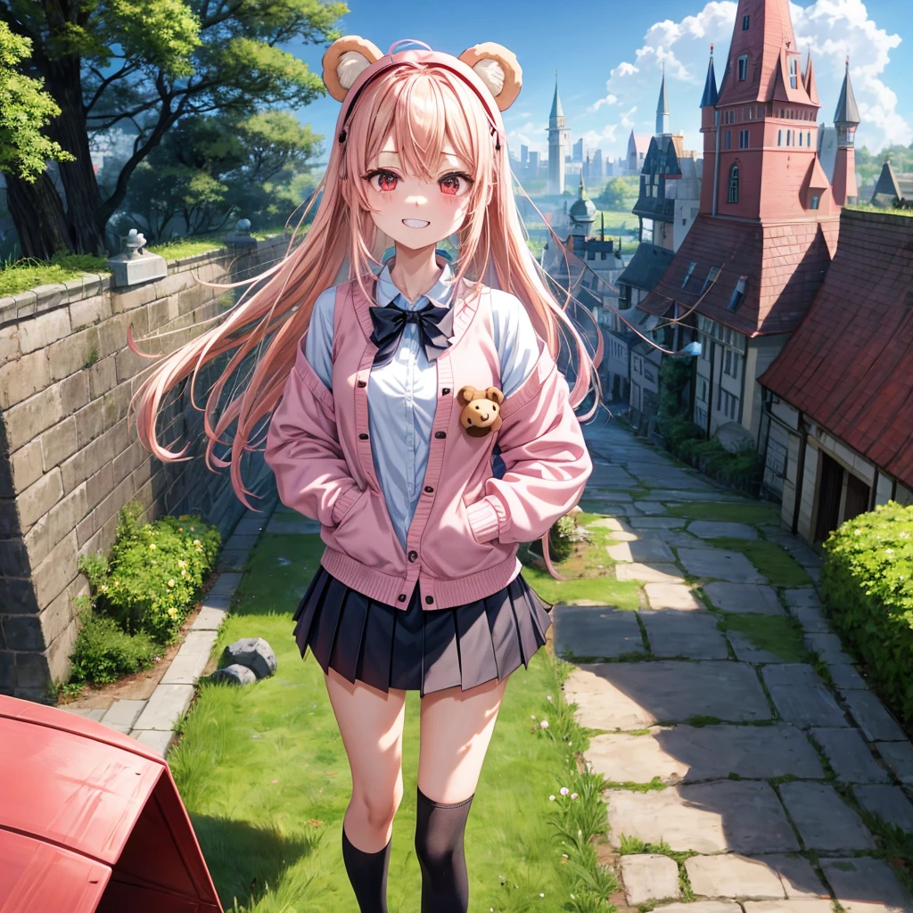 Pink Blonde、Red eyes、Hair tied up、Two cute、Checked mini skirt、black t-shirts、cardigan、Knee-high socks、bear ears baseball cap、Teeth are visible、Monster Castle、Tilting face、crossing the bridge、hazakura、windmill、grass、Stones are growing out of the ground.、A teddy bear is walking、Morning glory is blooming.、In front of the city gates、clock、Underground tunnels