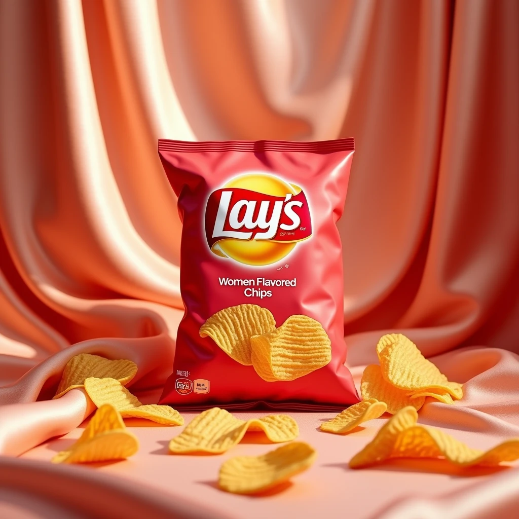 create an image of a bag of lays chips, a light red color with the label, "Women Flavoured Chips" with pictures of Satin and chips
