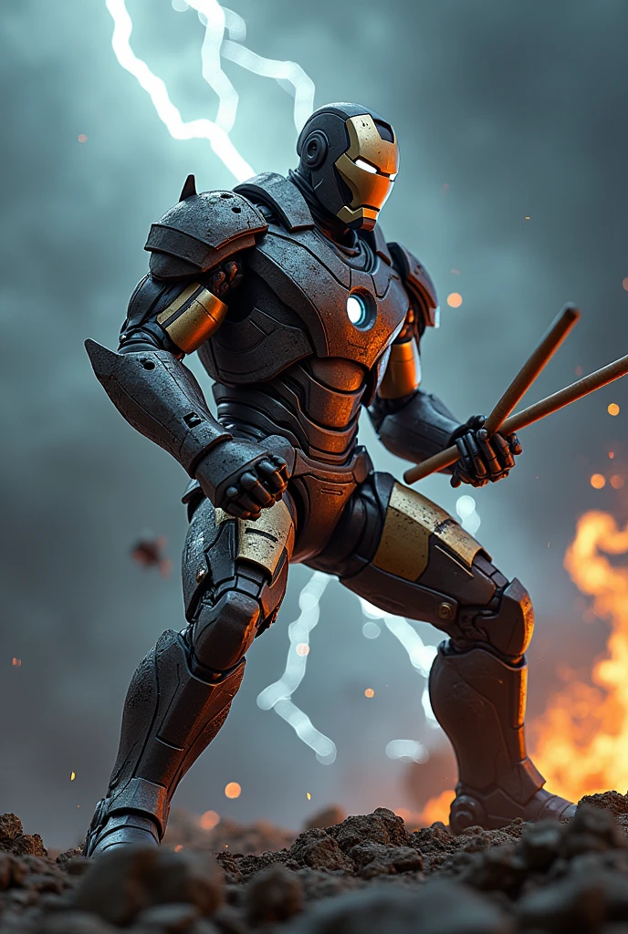 rock iron man holding sticks playing drums with a background of thunder and very rock vibes.