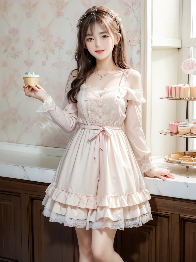 (Masterpiece), (bestquality:1.4), detailed beautiful face, very cute, 1 girl, long brown hair, bangs, smile, full body, looking at viewers,(pastel colour:1.3), lace pattern dress, make up, fancy wallpaper,fantasy magic:1.3, magical, pastel cafe, cake, coffee cup, (fancy sweets shop:1.2)
