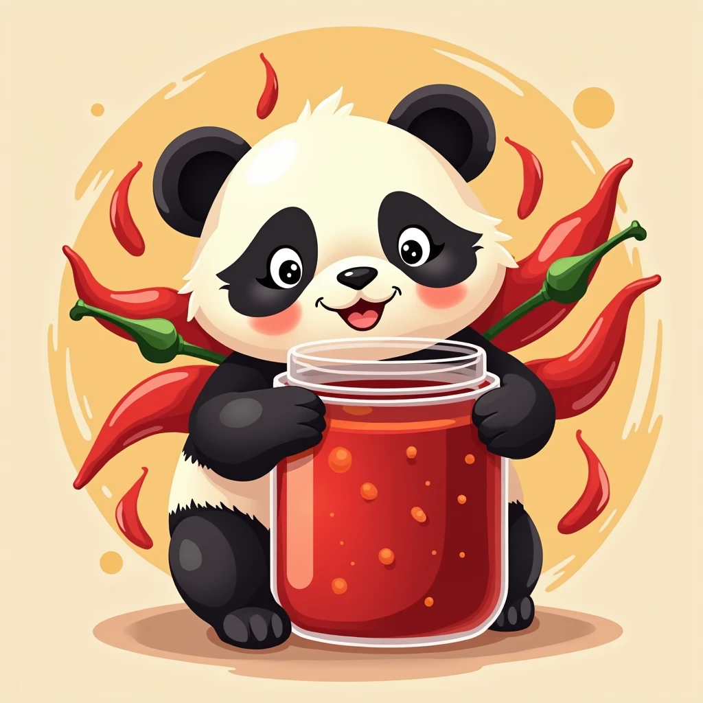 Design a logo，The main theme is a cute panda holding a large sauce jar filled with chili peppers.，The panda holds three bunches of peppers，There is wind swirling around the peppers