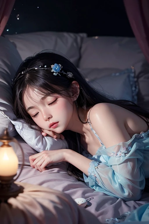 Lights out。Are sleeping。Sleeping with eyes closed。Beautiful young woman listening to music through headphones while lying down、Moonlight。Little Anime。Pink and light blue flowers are scattered throughout。Enchanting rooms。relax。Dark beautiful room。Woman with fair skin。