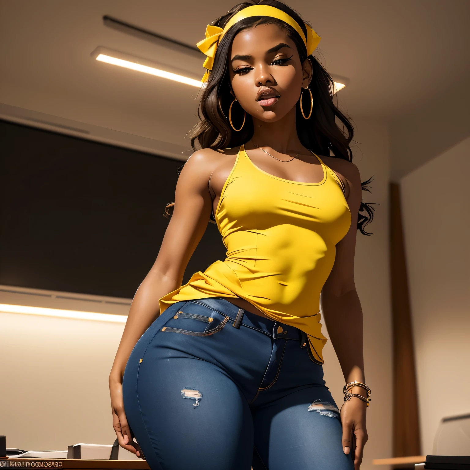 Masterpiece, high quality, high resolution, 18 years old, volumetric lighting, , subsurface scattering, 8k, Beautiful woman, (dark skin), phillipino, college student, uniform, (yellow dress, jeans), wavy hair, headband, hoope earings, classroom, sexy pose, seductive pose, ((slim thick body:1.0)), thick thighs, round-butt, open mouth, big lips, screaming, orgasm, night time, eyes closed, Masterpiece, Professional lighting, 16k, 8k wallpaper, raw photo, photo-realistic:1.8, ultra detailed, natural lighting