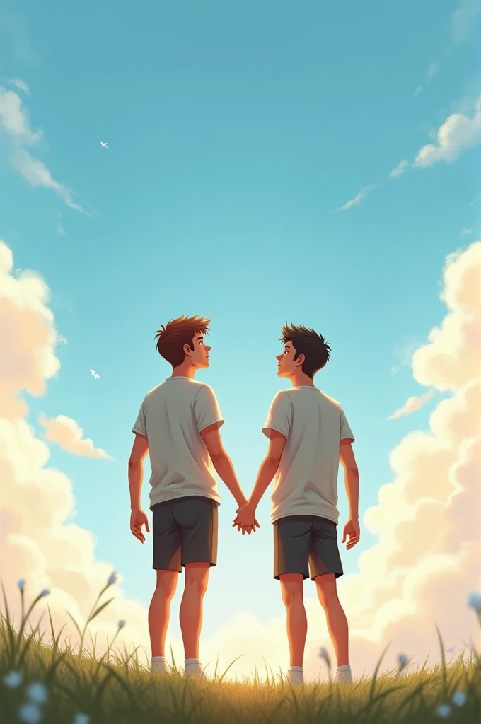 Two young men are holding hands and looking at the sky 