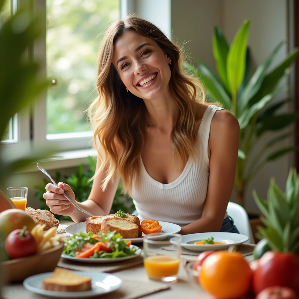 A vibrant, colorful image showing a happy, fit woman enjoying a delicious meal at a beautifully set table, with a serene background and healthy food on the plate. The woman is smiling, radiating confidence and satisfaction, with subtle hints of weight loss success like a pair of jeans that look slightly loose.