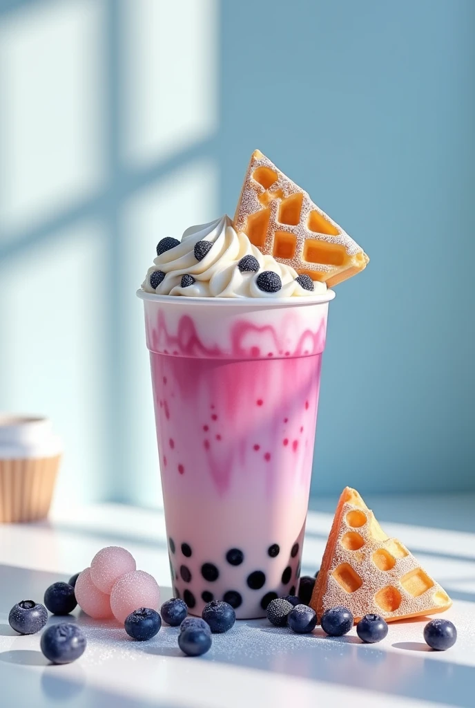 Bubble tea in a cup with triangle buleberry waffle