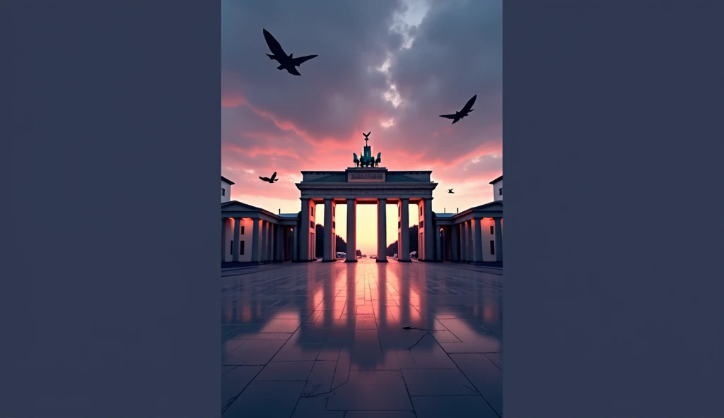The square in front of the Brandenburg Gate abandoned in a dramatic future-like background in the twilight a little ruined