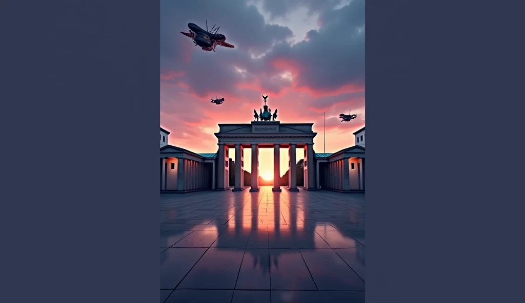 The square in front of the Brandenburg Gate abandoned in a dramatic future-like background in the twilight a little ruined 