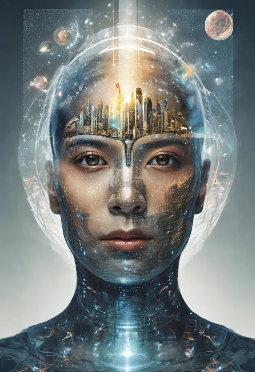 Dubrec style,Transparent person avatar,Vision of the future utopian world image,(Multiple Exposure:1.8),Intricate illustration in surreal art style,surreal dream,Future utopian world dream