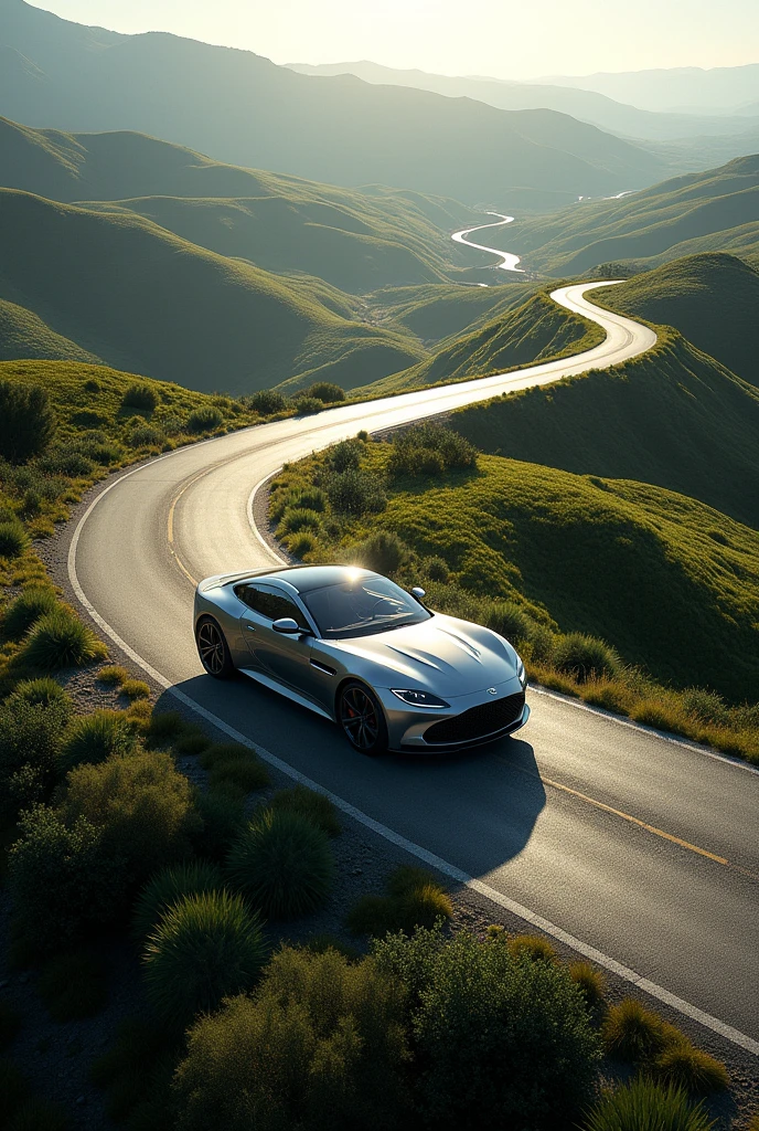 "A high-altitude drone shot captures a stunning aerial view of a sleek luxury car driving along a picturesque road. The entire car is fully visible, its polished surfaces gleaming in the sunlight as it moves along a winding path through a scenic landscape or an urban setting. The car’s sleek design is highlighted against the backdrop of the environment—whether it's the lush greenery of rolling hills or the geometric patterns of city streets. The shot is wide, offering a full view of both the car and the surrounding area, with the drone’s perspective emphasizing the car’s elegance and the grandeur of the landscape below."