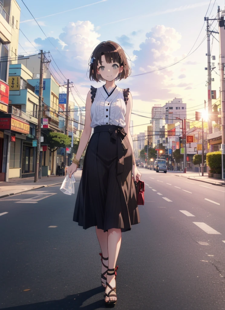 Katoumegumi, Megumi Katou, Brown Hair, short hair, (Brown eyes:1.5),smile,Red sleeveless dress,Red long skirt,Cute heeled sandals,evening,sunset,The sun is setting,Walking,whole bodyがイラストに入るように,
break outdoors, 海岸通り
break looking at viewer, whole body,
break (masterpiece:1.2), Highest quality, High resolution, unity 8k wallpaper, (shape:0.8), (Beautiful details:1.6), Highly detailed face, Perfect lighting, Extremely detailed CG, (Perfect hands, Perfect Anatomy),