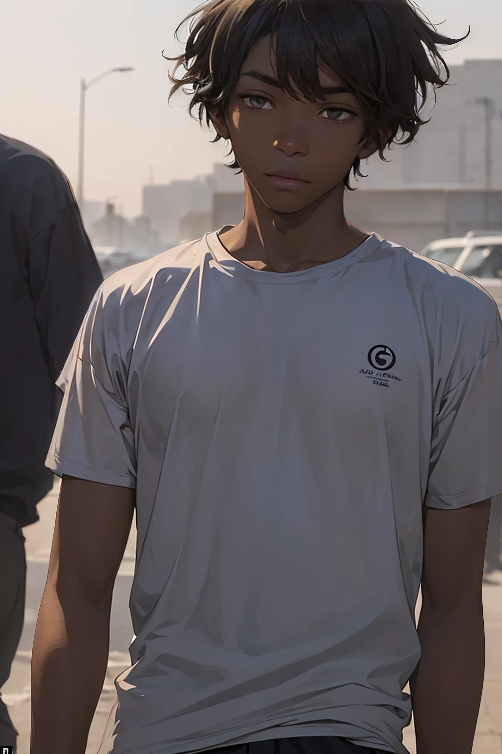 (Young 17-year-old boy, with average physical appearance and a height of 1.80m).(dark skin color: 2.0),(his face has a youthful oval shape. His eyes are brown and his hair is short, black and curly His face has mixed facial features, with a thick, flat nose, and a large but somewhat thin mouth. His build is athletic and well defined, with evident muscles. a contained energy. His presence is imposing and magnetic, drawing the attention of everyone around him.)
