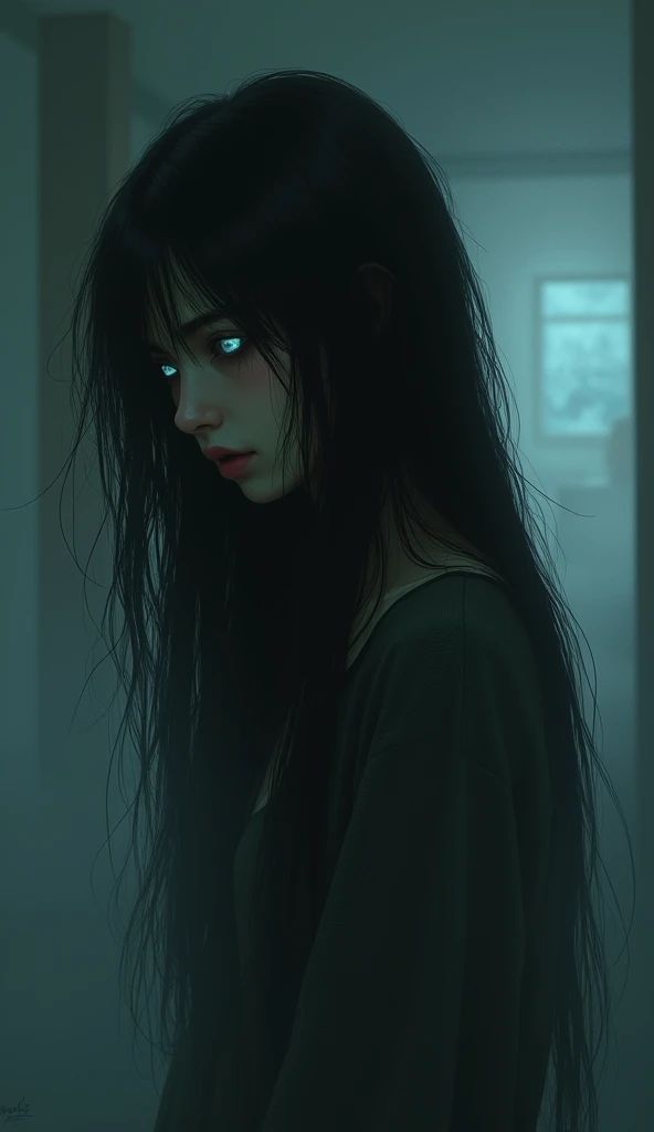 Depressed girl、Long black hair、Small Nose、Skinny body、Glowing white eyes、Thin lips、Inpatients、Upper Body、Close-up、Real、Thick Fog、apartment