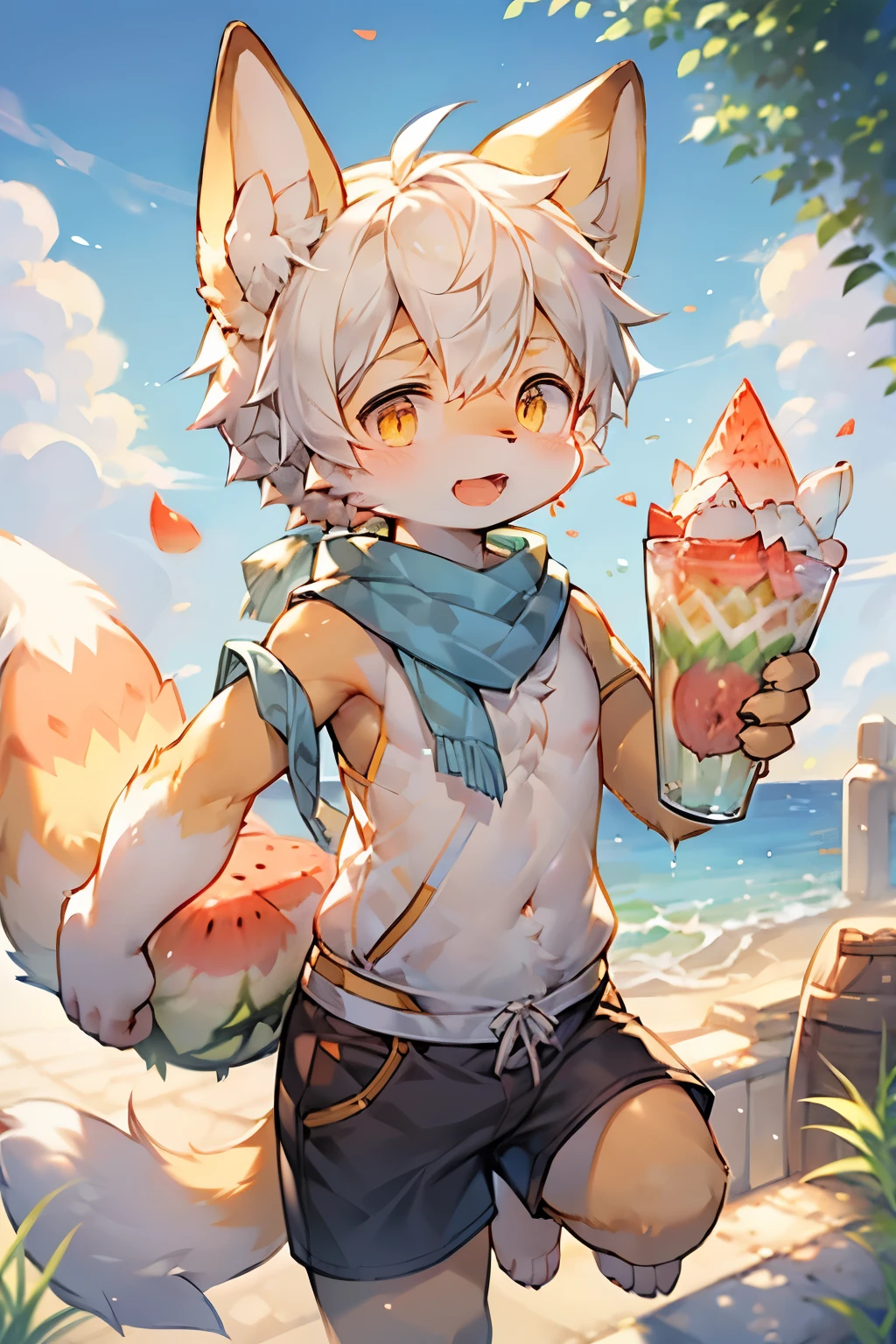 Fox Boy,Hairy boy,Babies and features,White hair,Yellow skin,White Arm,Sky blue scarf,Short sleeve,shorts,watermelon,吃watermelon,happy