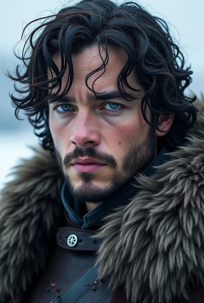 a handsome portrait of jon snow from game of thrones, played by kit harington, stunning detailed face, piercing blue eyes, thick eyebrows, sharp nose, full lips, strong jawline, rugged features, messy dark hair, fur-trimmed cloak, cold snowy landscape background, hyper realistic, cinematic lighting, award-winning painting, dramatic colors, moody atmosphere, epic fantasy art
