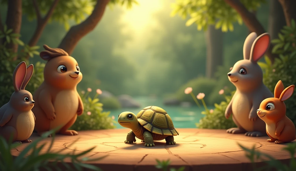 : A small, shy turtle named Tiny slowly making his way to the stage. The other animals are watching quietly, curious about what Tiny will do