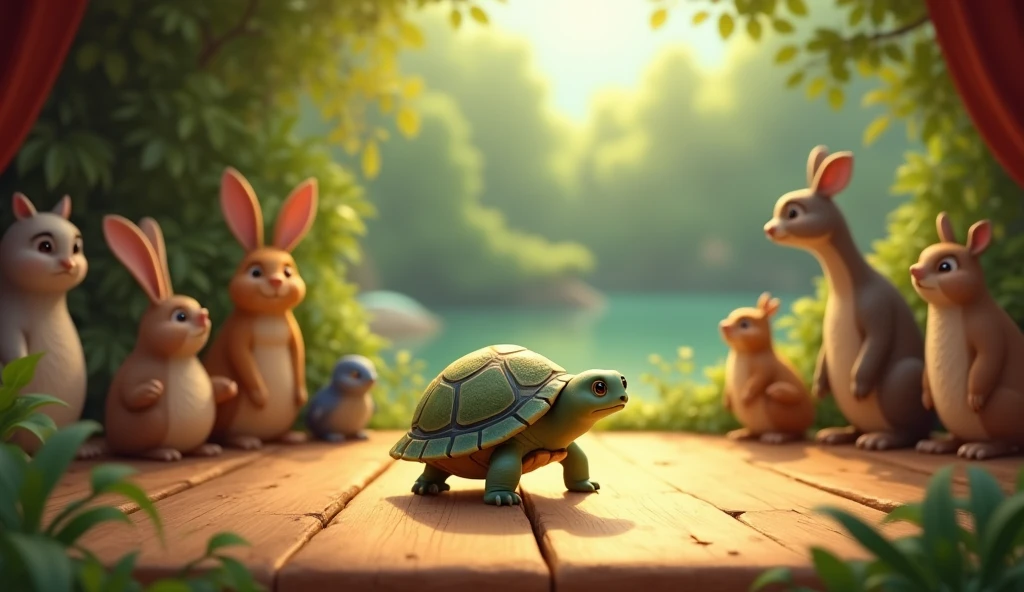 : A small, shy turtle named Tiny slowly making his way to the stage. The other animals are watching quietly, curious about what Tiny will do