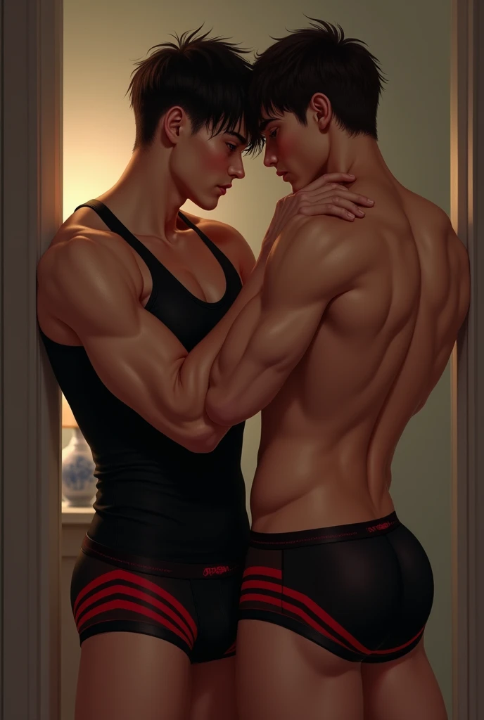 A 27 years old boy in tank top under vest and
wide red colour stripline on tank top under vest and were black trunk underwear and wide red colour stripline on underwear with one boy friend in same clothes both 27 years old boy are in home during sex time and were black tank top under vest tank top under vest under vest under vest under vest under vest under vest under