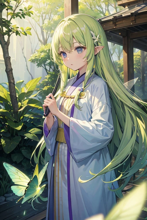 Light yellow-green long straight hair、Expressionless、Purple clothes、Light blue raincoat、woman、Fairy、child、hot spring、In the smoke