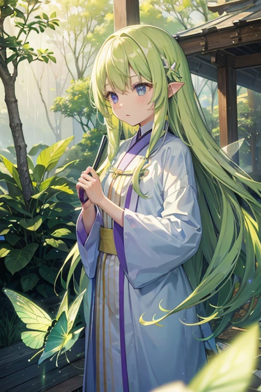 Light yellow-green long straight hair、Expressionless、Purple clothes、Light blue raincoat、woman、Fairy、child、hot spring、In the smoke