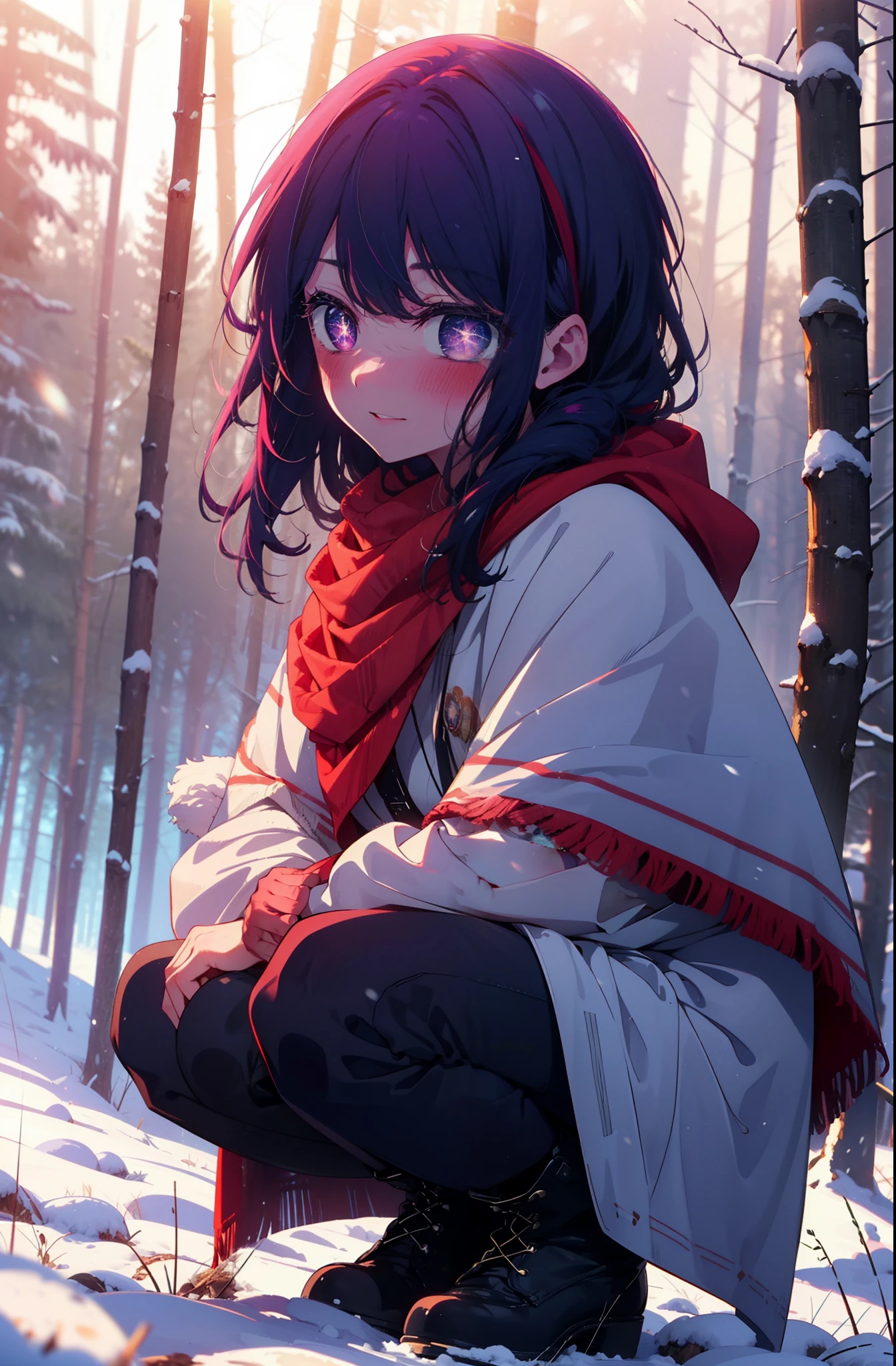 aihoshino, Ai Hoshino, Long Hair, bangs, (Purple eyes:1.1), Purple Hair, (Symbol-shaped pupil:1.5), smile,,smile,blush,white breath,
Open your mouth,snow,Ground bonfire, Outdoor, boots, snowing, From the side, wood, suitcase, Cape, Blurred, , forest, White handbag, nature, Squat, Mouth closed, Cape, winter, Written boundary depth, Black shoes, red Cape break looking at viewer, Upper Body, whole body, break Outdoor, forest, nature, break (masterpiece:1.2), Highest quality, High resolution, unity 8k wallpaper, (shape:0.8), (Beautiful and beautiful eyes:1.6), Highly detailed face, Perfect lighting, Extremely detailed CG, (Perfect hands, Perfect Anatomy),