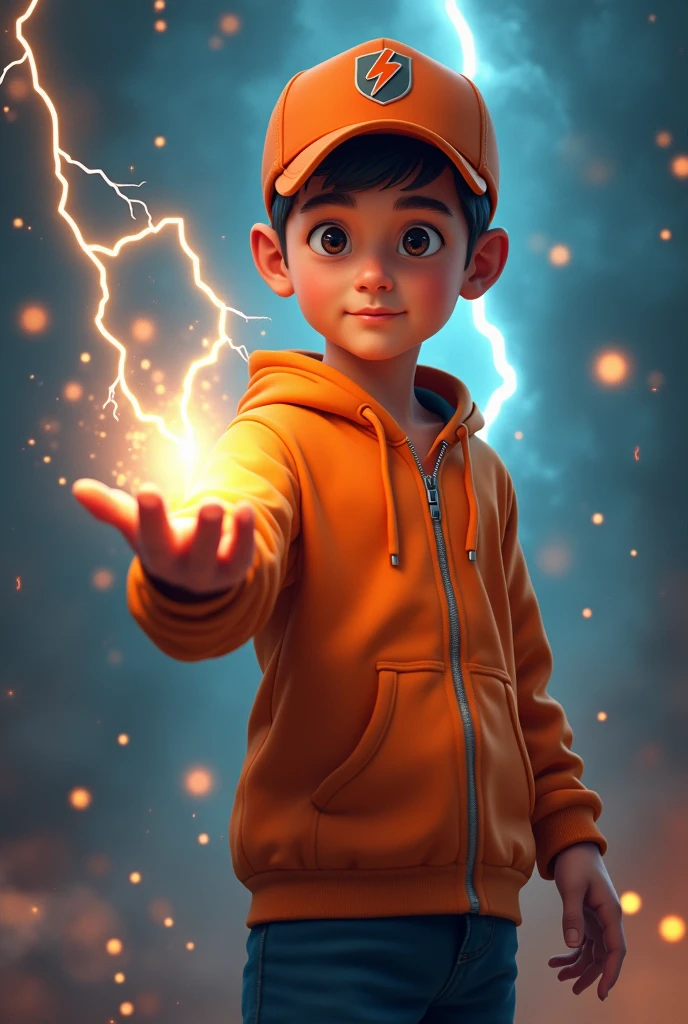 a young boy Malaysia Indonesia . wearing an orange zip-up shirt, orange cap with small thunder logo, detailed face, cinematic lighting, dramatic atmosphere, vibrant colors, 8k, high quality, photorealistic. Hero suit. Thunder come from his hand. Glowing thunder.jeana pants. Very strong.