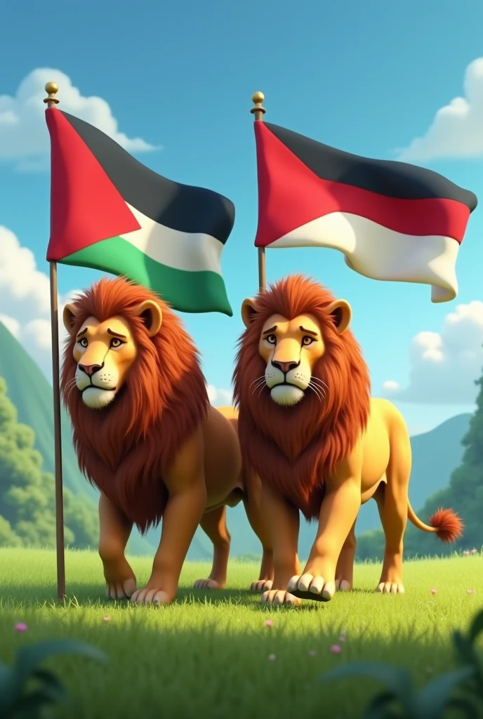 make an animation of 2 lions carrying the Palestinian flag and the Indonesian flag walking side by side