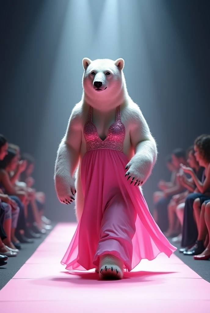 A beautiful white bear wearing pink maxi cloth walking down the runaway at a fashion show,