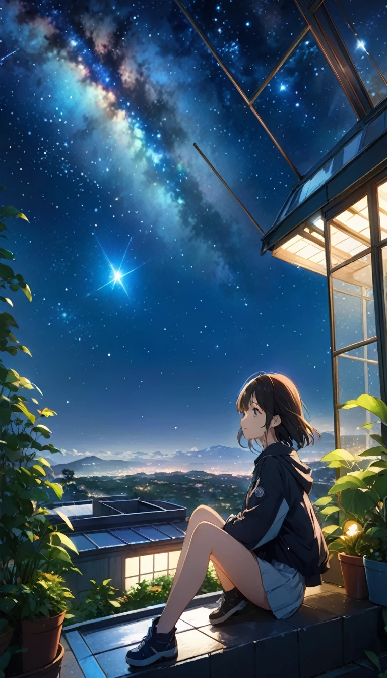 anime girl sitting on a ledge looking at the stars, night under the starry null, 4k anime wallpaper, 宇宙のnull. by makoto shinkai, tranquility of the endless stars, Anime Background, Beautiful anime scene, anime wallpaper 4k, anime wallpaper 4k, star(null) starry_null, Awesome Wallpapers, 少女はnull間を見つめる