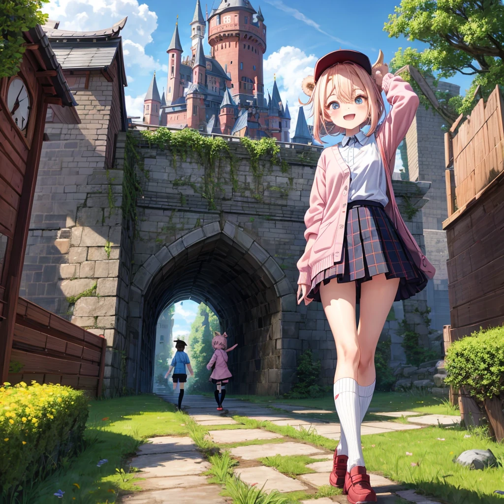 Pink Blonde、Red eyes、Hair tied up、Two cute、Checked mini skirt、black t-shirts、cardigan、Knee-high socks、bear ears baseball cap、Teeth are visible、Monster Castle、Tilting face、crossing the bridge、hazakura、windmill、grass、Stones are growing out of the ground.、A teddy bear is walking、Morning glory is blooming.、In front of the city gates、clock、Underground tunnels