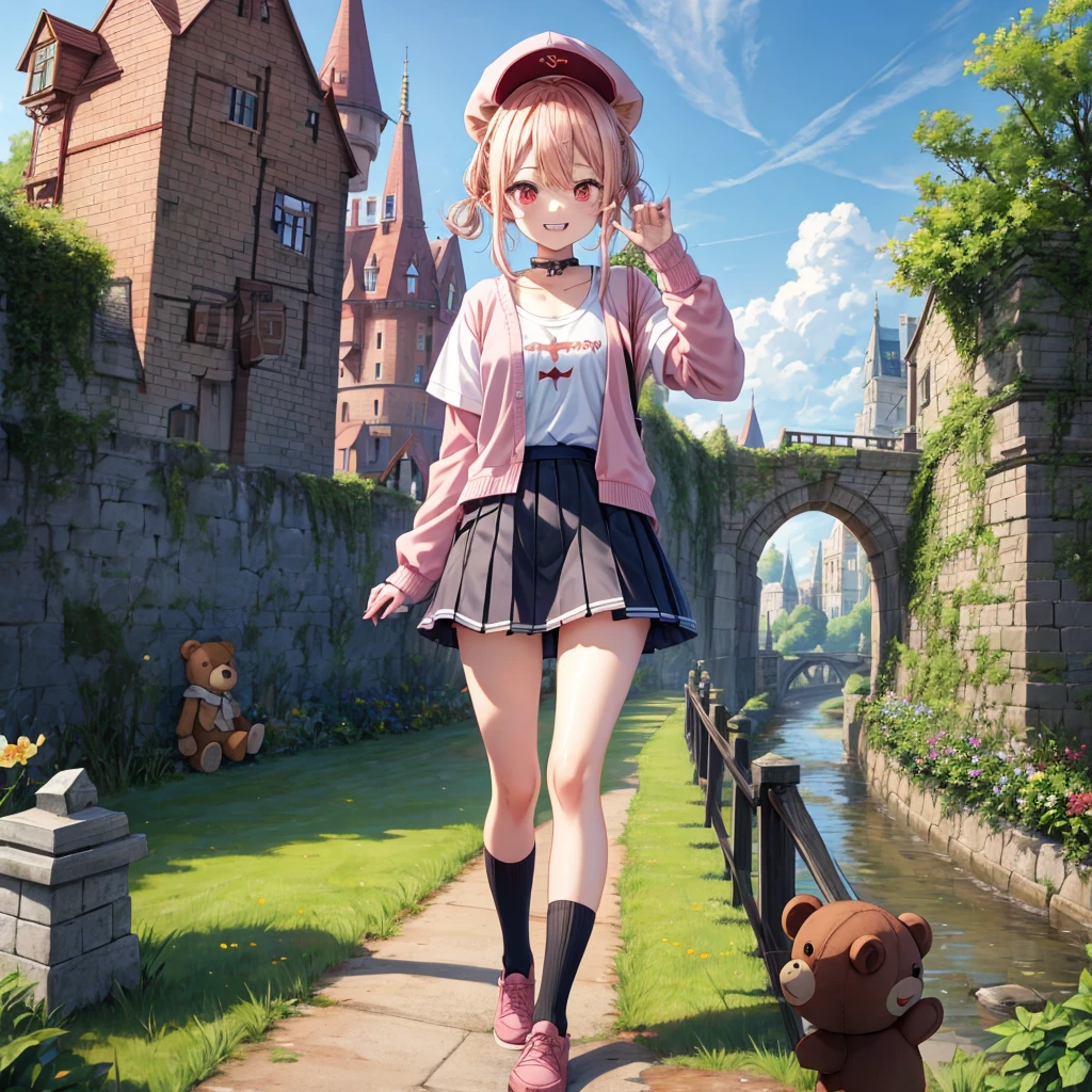 Pink Blonde、Red eyes、Hair tied up、Two cute、Checked mini skirt、black t-shirts、cardigan、Knee-high socks、bear ears baseball cap、Teeth are visible、Monster Castle、Tilting face、crossing the bridge、hazakura、windmill、grass、Stones are growing out of the ground.、A teddy bear is walking、Morning glory is blooming.、In front of the city gates、clock、Underground tunnels