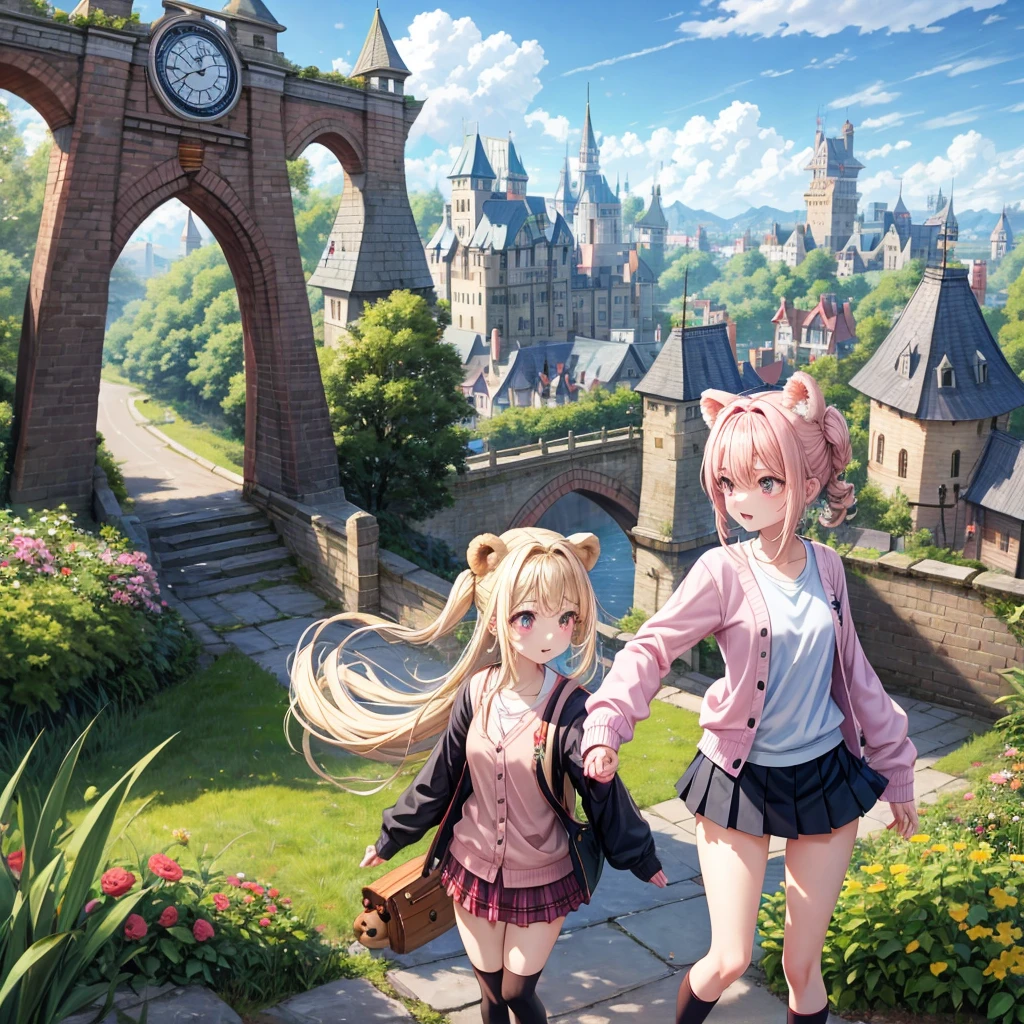 Pink Blonde、Red eyes、Hair tied up、Two cute、Checked mini skirt、black t-shirts、cardigan、Knee-high socks、bear ears baseball cap、Teeth are visible、Monster Castle、Tilting face、crossing the bridge、hazakura、windmill、grass、Stones are growing out of the ground.、A teddy bear is walking、Morning glory is blooming.、In front of the city gates、clock、Underground tunnels