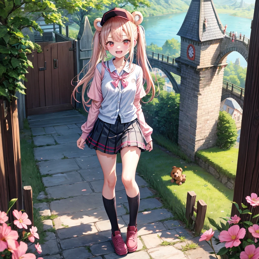 Pink Blonde、Red eyes、Hair tied up、Two cute、Checked mini skirt、black t-shirts、cardigan、Knee-high socks、bear ears baseball cap、Teeth are visible、Monster Castle、Tilting face、crossing the bridge、hazakura、windmill、grass、Stones are growing out of the ground.、A teddy bear is walking、Morning glory is blooming.、In front of the city gates、clock、Underground tunnels