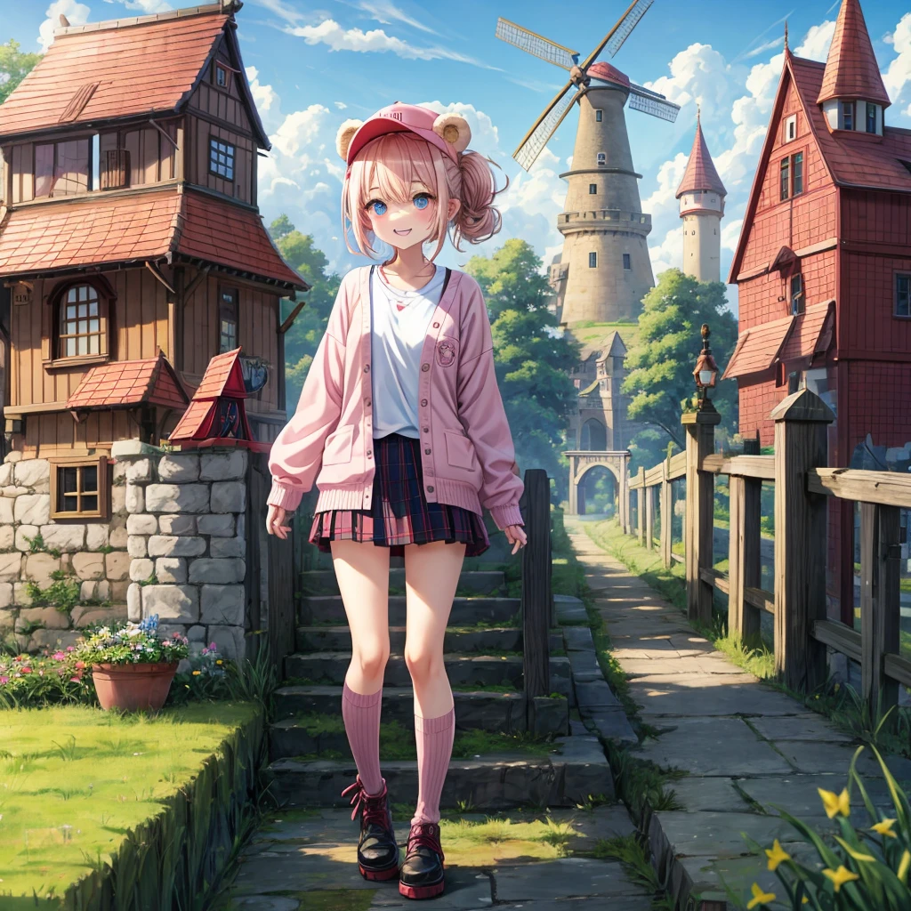 Pink Blonde、Red eyes、Hair tied up、Two cute、Checked mini skirt、black t-shirts、cardigan、Knee-high socks、bear ears baseball cap、Teeth are visible、Monster Castle、Tilting face、crossing the bridge、hazakura、windmill、grass、Stones are growing out of the ground.、A teddy bear is walking、Morning glory is blooming.、In front of the city gates、clock、Underground tunnels