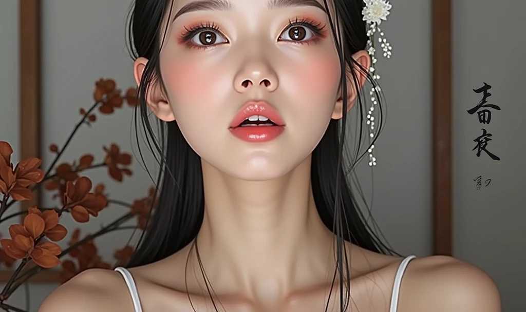 Beautiful Japanese face woman, image from the neck up, woman with a long neck front face adult woman photorealistic