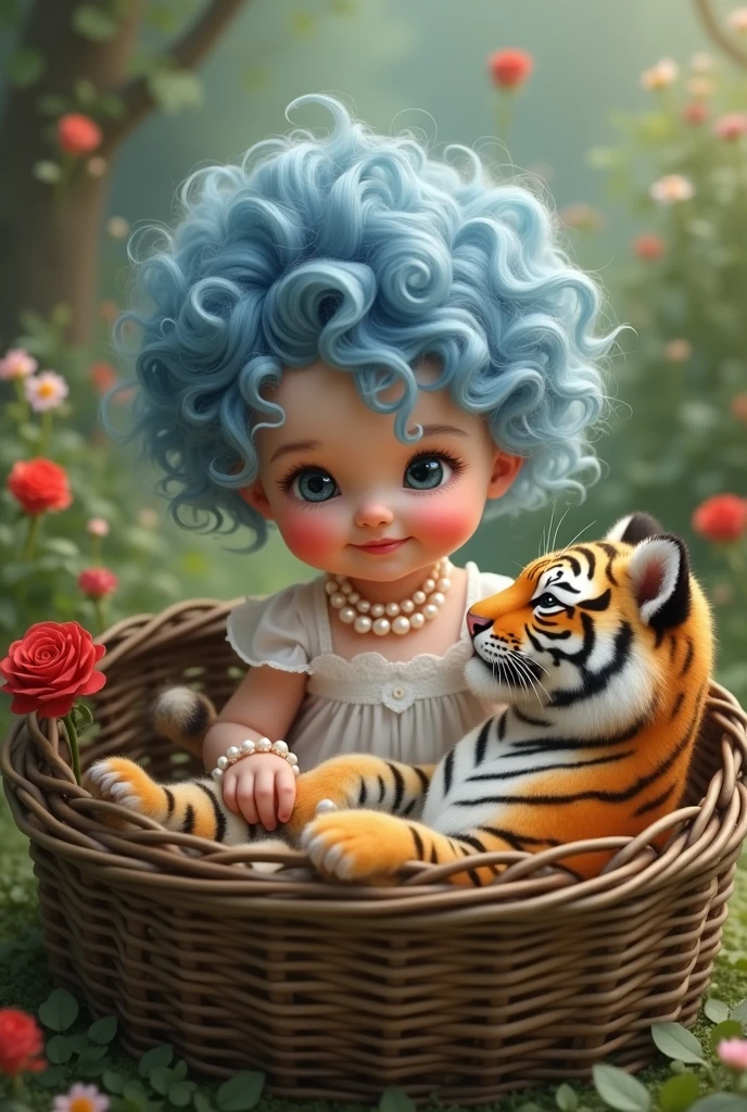 Curly blue haired baby
With an old basket with a tiger in it and a smiling baby, with a white princess dress and a pearl necklace with a red rose.