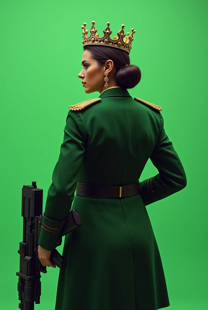 Rear viewed, female military general, Queen's crown on head, Big gun in hand, Plain full green screen background