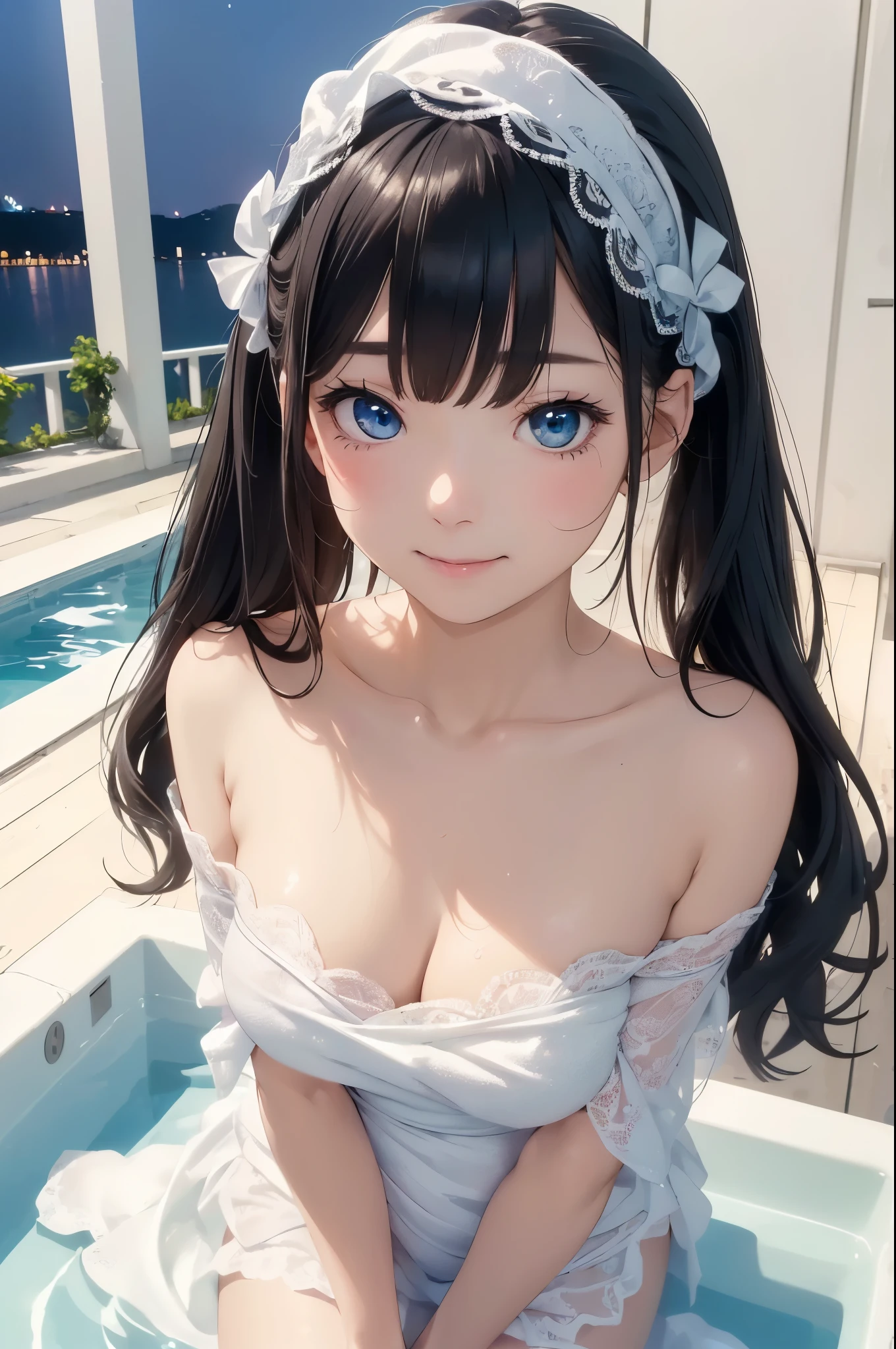 ((masterpiece)), ((highest quality、Ultra high definition)), (Very detailed),((8k、Photo quality))、((Amazingly cute girl))、(-yeld gi)、Two people, , (Beautiful emerald blue eyes), ((smile)),((A luxurious Japanese-style open-air bath at a high-class hotel)), Beautifully arranged black hair in twin tails、Slim Body、(Cute little breasts)、(((They are wearing a white bath towel wrapped around their body.)))、Professional Lighting、(White lace knee-highore detailed and beautiful)、(More details and cutenesore realistic)、((Just wear light clothing))、Frolic in the pool、(Too cute)、(The embodiment of cuteness)、(Godly cuteness)、((Night view))、((It seems visible but it&#39;s not))、