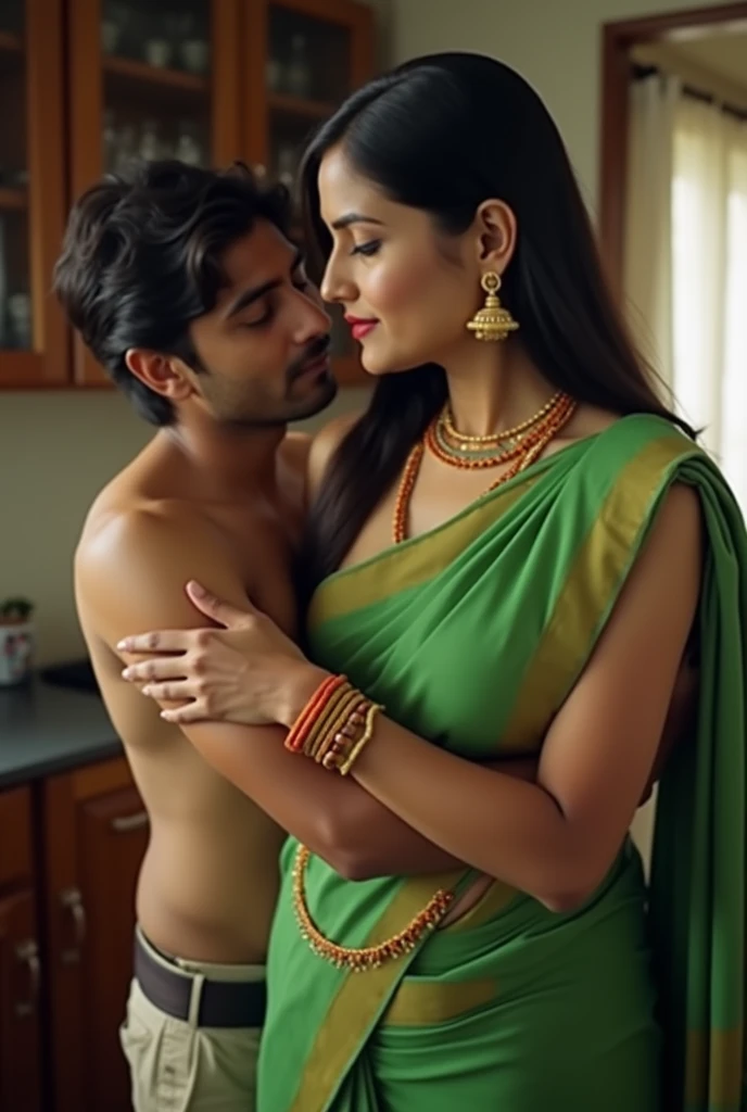 an indian house wife, wearing simple plain green sari, having sex with brother in law. man is squeezing her breast from behind, in her home, kitchen, discreet sex