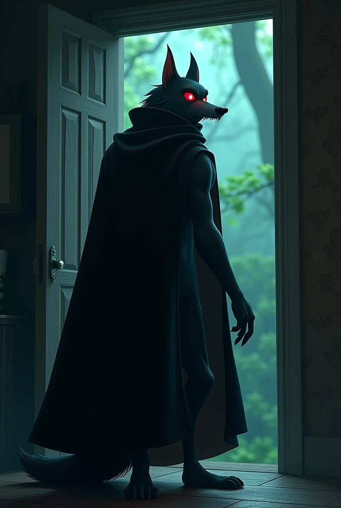 gloomy big wolf death in black shroud from cartoon puss in boots 2 with red eyes whistles a melody and kindly invites the viewer of this image to go with him from the room to the forest, dream works 3D style