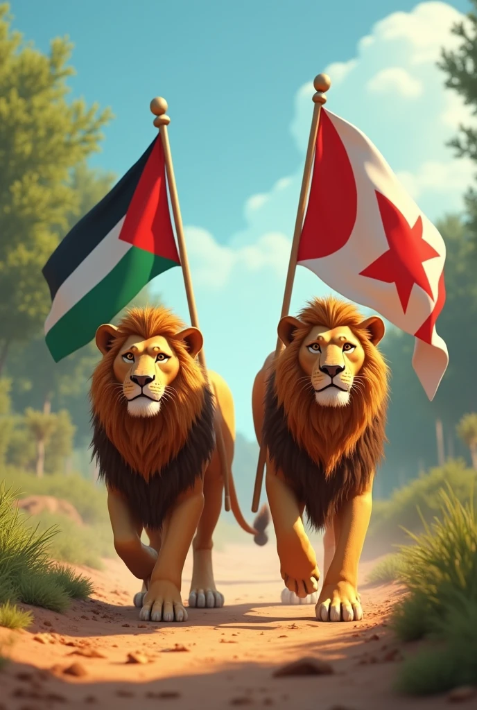 make an animation of 2 Lions carrying the Palestinian flag and the red and white flag walking side by side