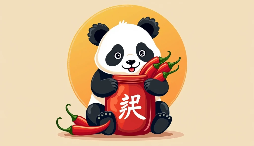 Design a logo，The main theme is a cute panda holding a large sauce jar filled with chili peppers.，（The panda holds three bunches of peppers：1.5）Forming the Chinese character &quot;川&quot;，