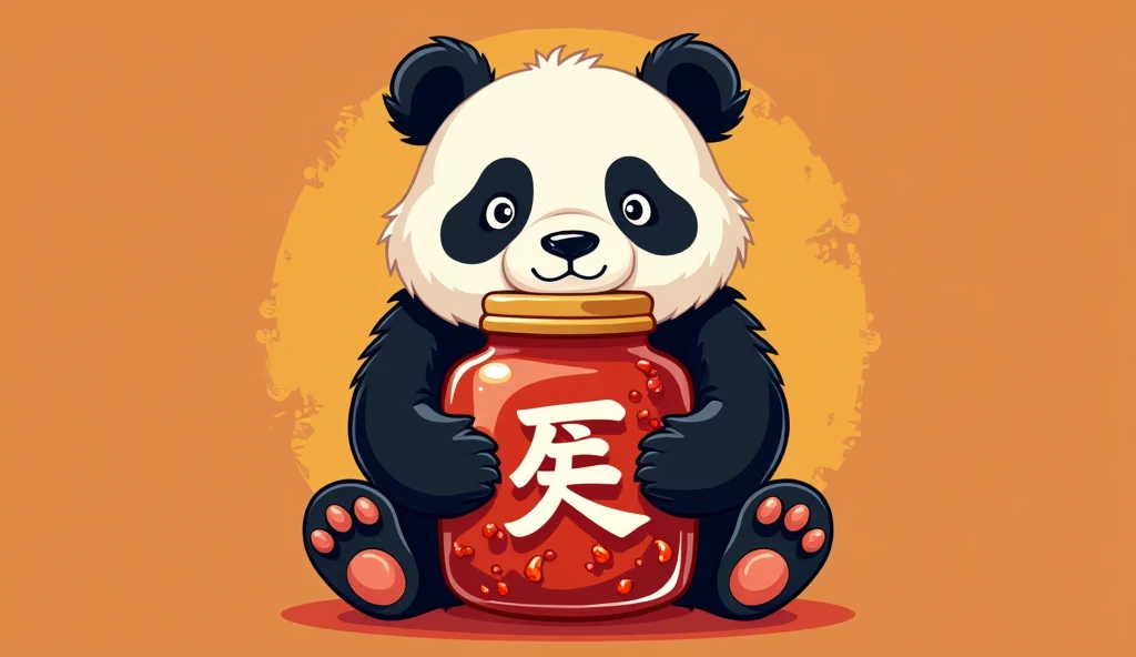 Design a logo,The main theme is a cute panda holding a large sauce jar filled with chili peppers.,(The panda holds three bunches of peppers:1.5)Forming the Chinese character "川",