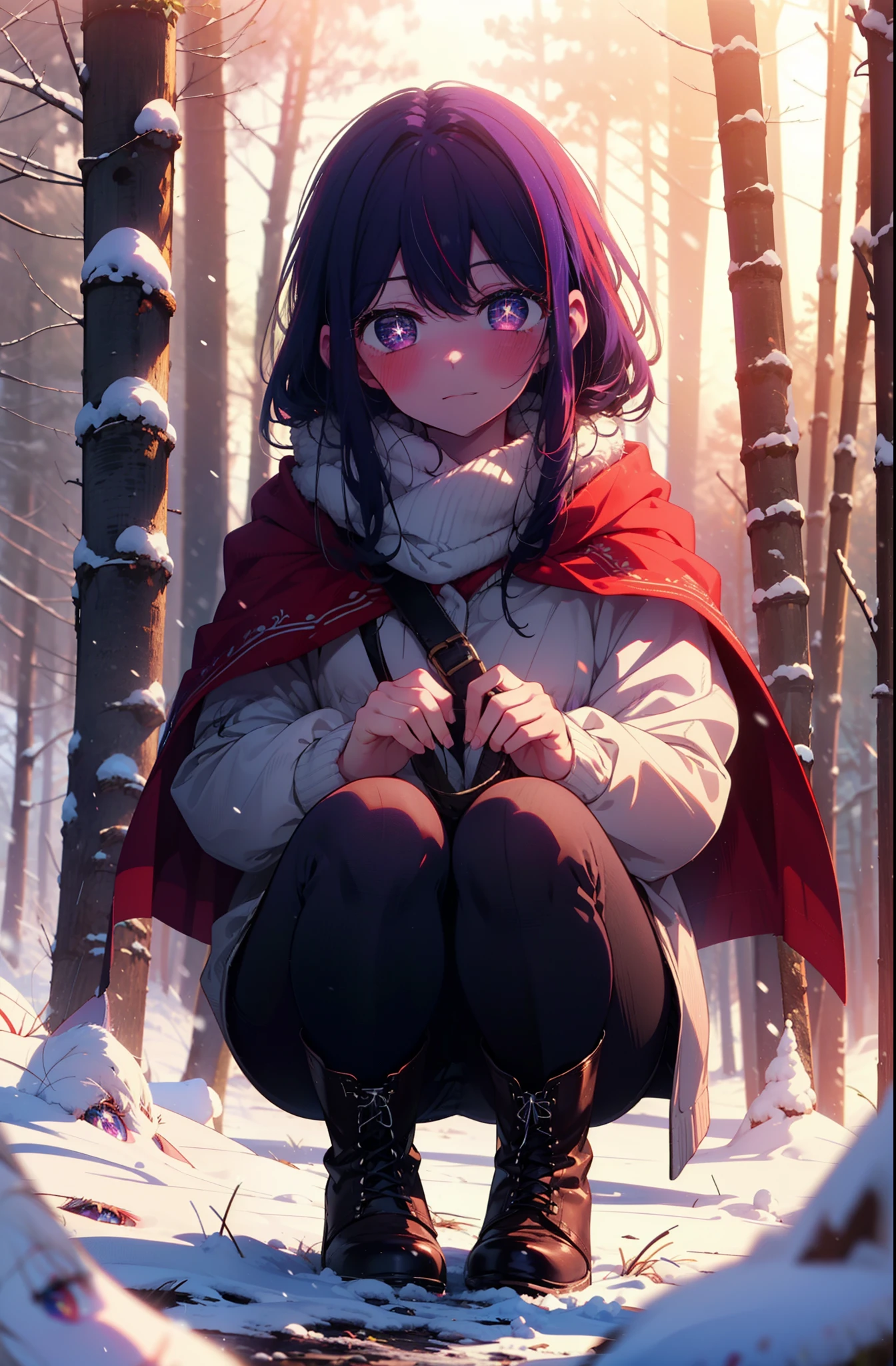 aihoshino, Ai Hoshino, Long Hair, bangs, (Purple eyes:1.1), Purple Hair, (Symbol-shaped pupil:1.5), smile,,smile,blush,white breath,
Open your mouth,snow,Ground bonfire, Outdoor, boots, snowing, From the side, wood, suitcase, Cape, Blurred, , forest, White handbag, nature,  Squat, Mouth closed, Cape, winter, Written boundary depth, Black shoes, red Cape break looking at viewer, Upper Body, whole body, break Outdoor, forest, nature, break (masterpiece:1.2), Highest quality, High resolution, unity 8k wallpaper, (shape:0.8), (Beautiful and beautiful eyes:1.6), Highly detailed face, Perfect lighting, Extremely detailed CG, (Perfect hands, Perfect Anatomy),