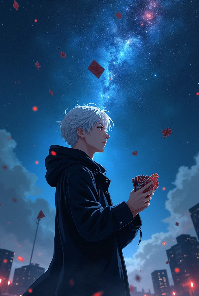 A man with white hair and red eyes wearing a black windbreaker looking up at the starry night sky,Playing with a stack of playing cards,Anime style,Highly detailed,Film Lighting,dramatic,(Best quality,4K,8k,high resolution,masterpiece:1.25),Ultra Detailed,(lifelike,Photoreal,Photoreal:1.37),dramatic的灯光,Moody atmosphere,Dynamic composition,Intricate details,Vibrant colors,Whimsical fantasies,Surrealist elements,Magical Realism