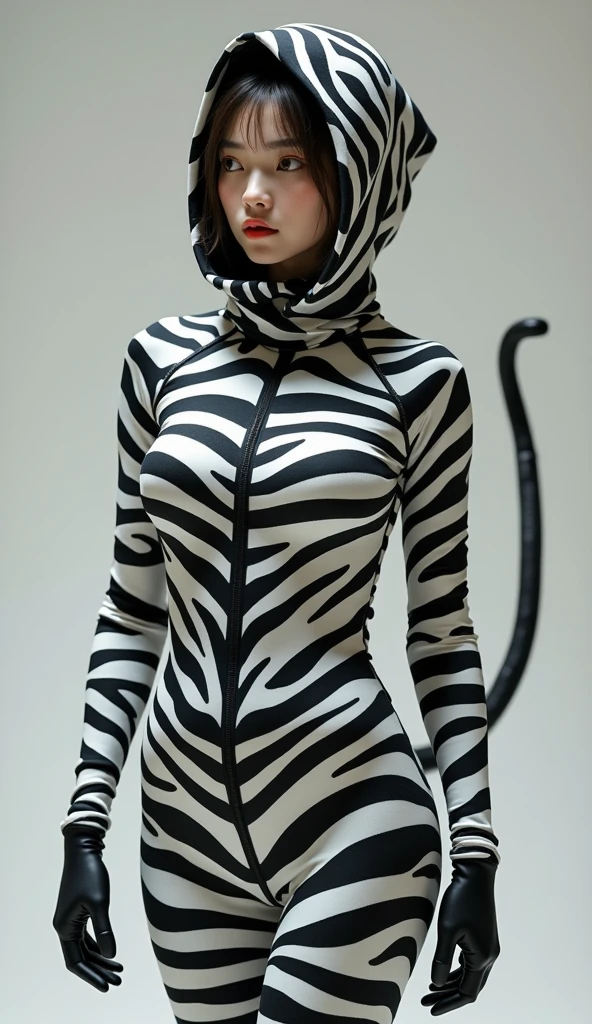 A Chinese adult girl wears zebra lycra turtleneck unitard catsuit covered with stripes.She always we zebra lycra dancewear hijab-like hood.She has a tail.